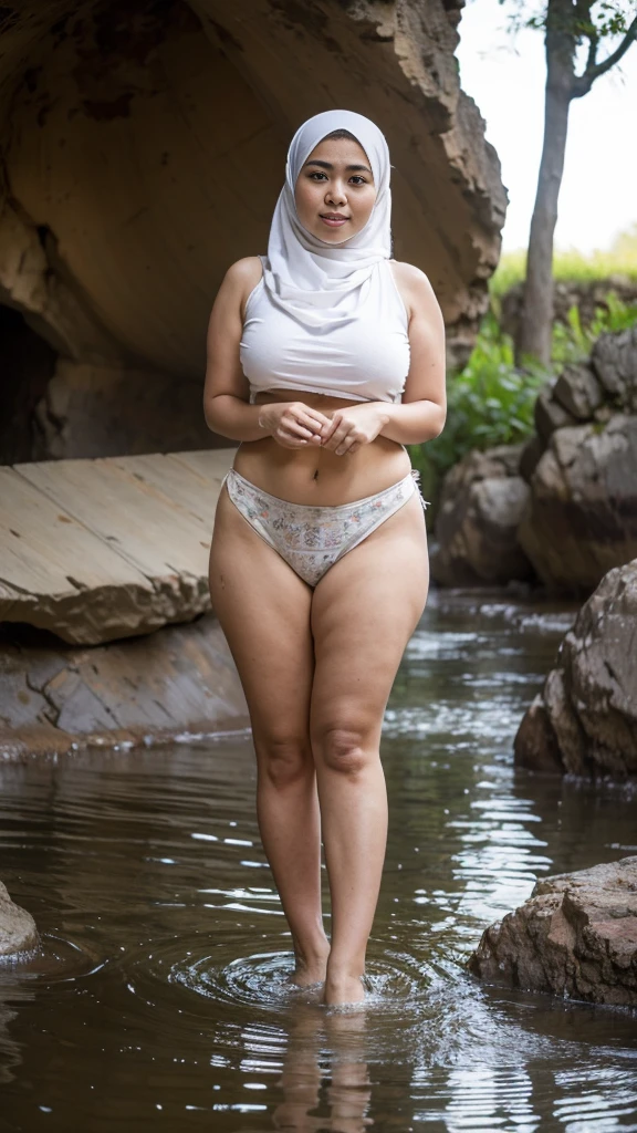 RAW, (Best quality, high resolution, work: 1.3), Beautiful Malay woman in hijab, plump body, naked, Big breasts, Beautiful big eyes, Soft smile, beautiful face, super horny face, slightly open mouth, thick thighs, beautiful buttocks, , beautiful big eyes , gentle smile, beautiful girl, detailed face, Muslim woman push up body on icy water hole, at cave, in a pantless, wearing a long flowy fabricating, casual pose, wearing casual clothes, very long pleated skirt, wearing casual clothing, white hijab , with a beautiful look Beautiful, perfect lighting, 8k