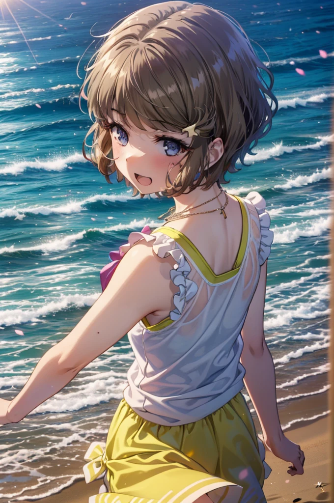 tomoekoga, Chie Koga, Short Hair, Brown Hair, blue eyes, Hair Clip,happy smile, smile, Open your mouth,Yellow tank top shirt,No sleeve,Shell Necklace,Yellow long skirt,barefoot,barefoot,Walking,True Summer,Daytime,Hair is fluttering in the wind,Sandy Beachで散歩している,whole bodyがイラストに入るように,
break outdoors, Sandy Beach,Beach,
break looking at viewer, whole body,
break (masterpiece:1.2), Highest quality, High resolution, unity 8k wallpaper, (figure:0.8), (Beautiful attention to detail:1.6), Highly detailed face, Perfect lighting, Highly detailed CG, (Perfect hands, Perfect Anatomy),