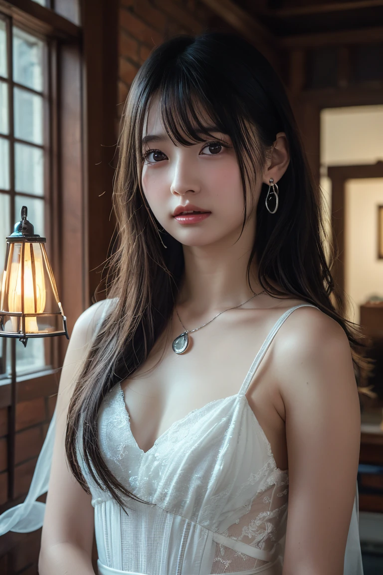 (Highest quality:1.4),(masterpiece:1.4),(Realistic:1.4),(Realistic:1.2),(超High resolution, RAW Photos:1.4),(High resolution, Ultra-detailed:1.2),(8k:1.2),View your viewers,Cinematic photography,One girl,skeletally correct,Black-haired woman,Woman in her early 20s,(Small earrings,neckレス,Black dress,Vneck,No sleeve),(Western-style building interior,Dimly lit room,The lamplight shines on my cheeks)
