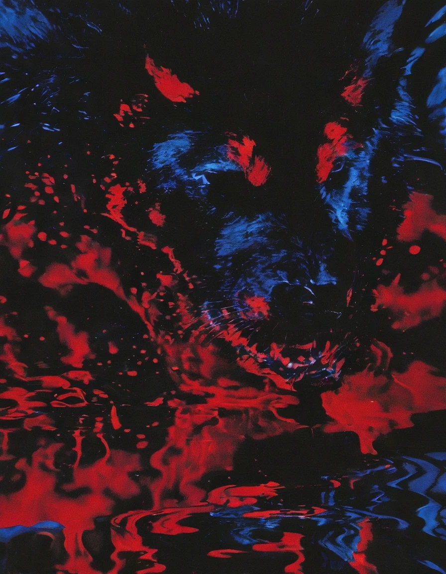 film photography, vintage, close up photo of red face in black water, blue dark forest night background