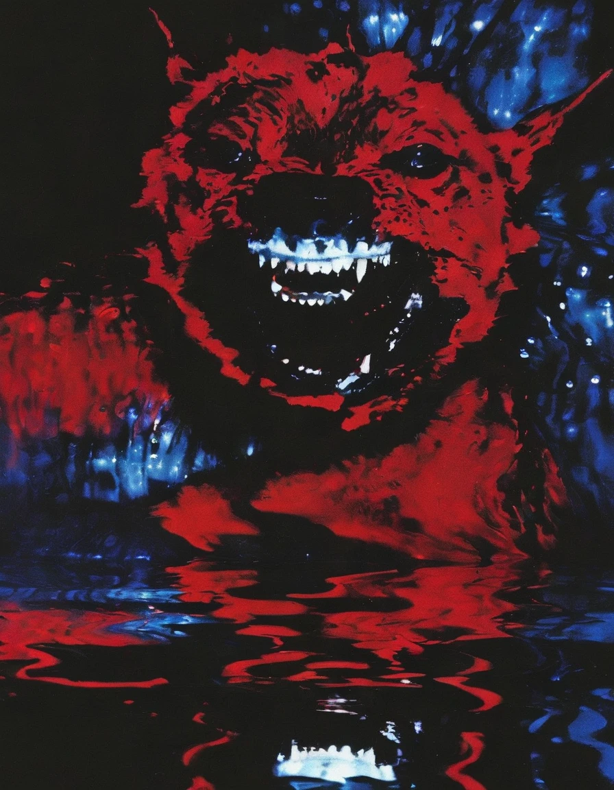 film photography, vintage, close up photo of red face in black water, blue dark forest night background
