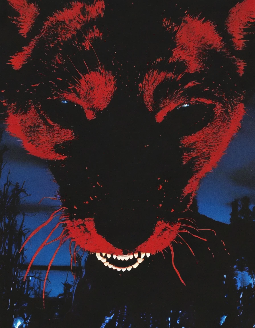 film photography, vintage, close up photo of red face in black water, blue dark forest night background