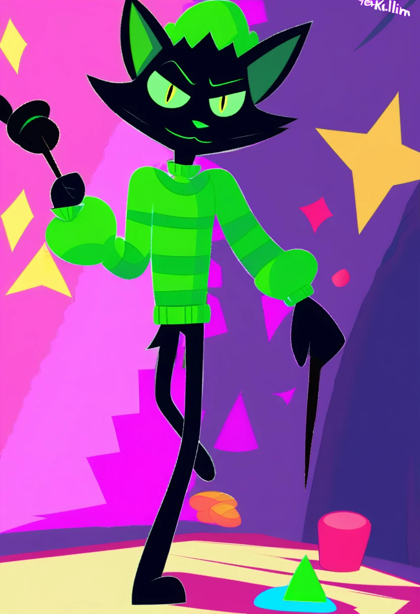 all black feline guy, cartoonish, 3d animation, green eyes, lime slitted pupils, walking around basement, Pixar animation, dim lighting, spherical head, long thin tail, thin, skinny, tall, pointy triangle ears, 3d shapes body, green sweater, extremely pitch black fur, seven feet tall, wolf-like, fluff fur, fox- like ears and snout, calarts style ((((by inkplasm, by thekilinah:1.12)))