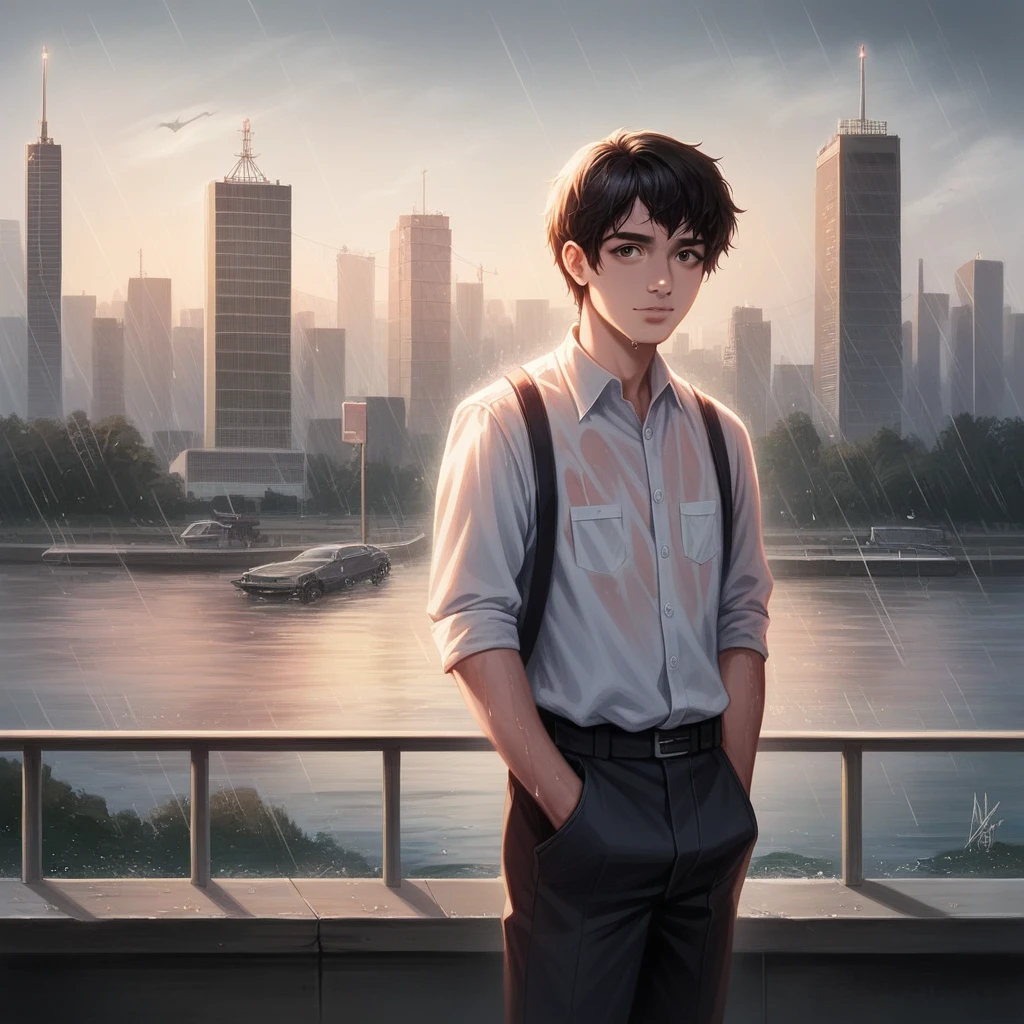 (8k, RAW photo, best quality, masterpiece:1.2), (realistic, photo-realistic:1.37), omertosa, 1girl, (Kpop idol), (aegyo sal:1), cute, cityscape, rain, wet, professional lighting, photon mapping, radiosity, physically-based rendering,,  