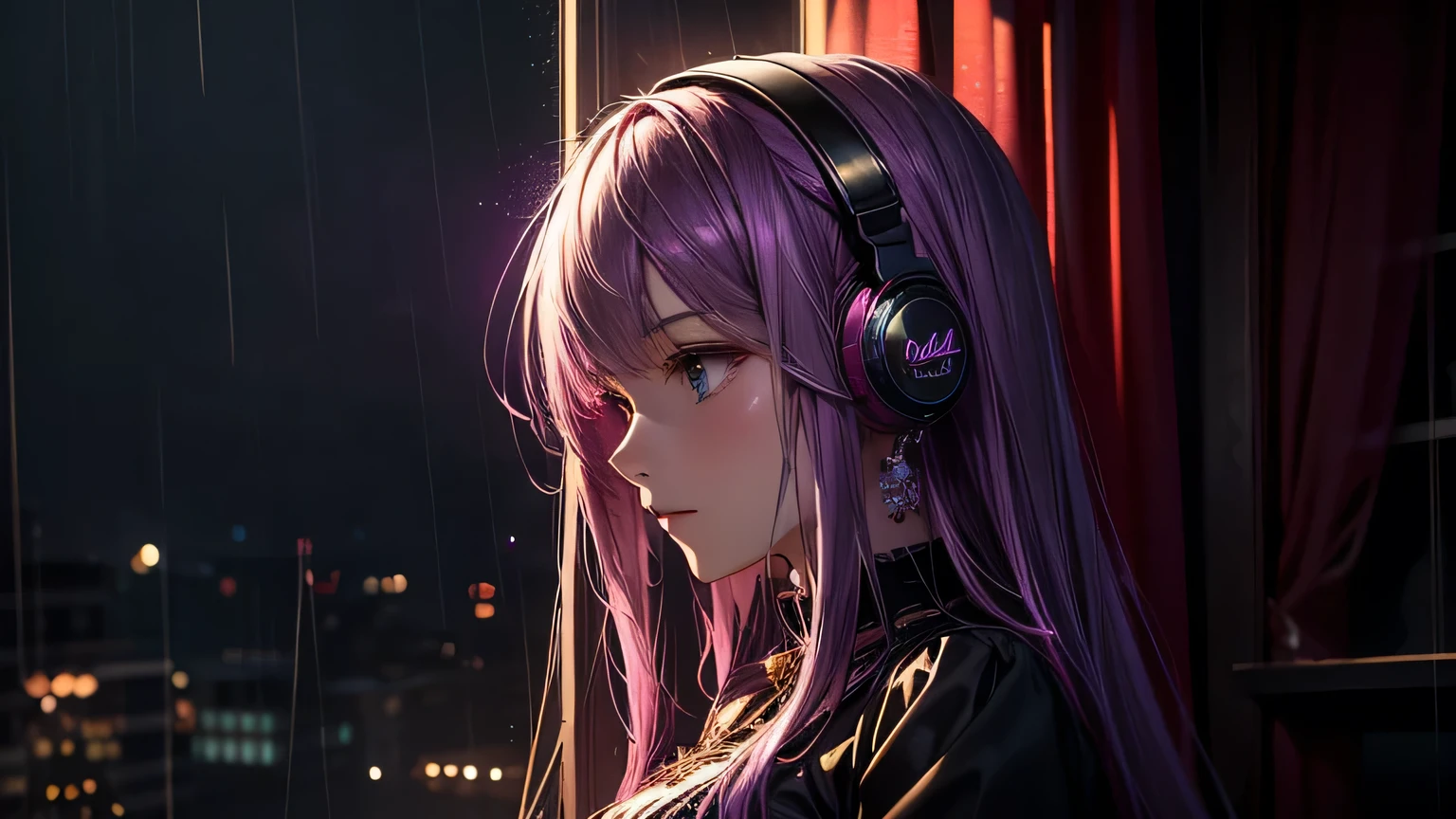 (Intricate details), (****), Eldritch, (nightmare), purple, (Teal:1.2), (black:0.9), Unreasonable, Horror \(theme\), shine, shineing eyes, (Sparkling Gold:1.2), shineing eyes,(red theme:1.2)Rain sound and night view image: Rainy night、A scene of relaxing while looking out the window。 scenario: With the sound of rain and the visuals of the night view as the background、Soft lo-fi music plays。Perfect as background music to help you concentrate on studying or working。 [instrumental](masterpiece, Highest quality, Highest quality, Official Art, beautifully、aesthetic:1.2), (One girl), Very detailed,(Fractal Art:1.3),colorful,Most detailed pink hair、I have headphones on。