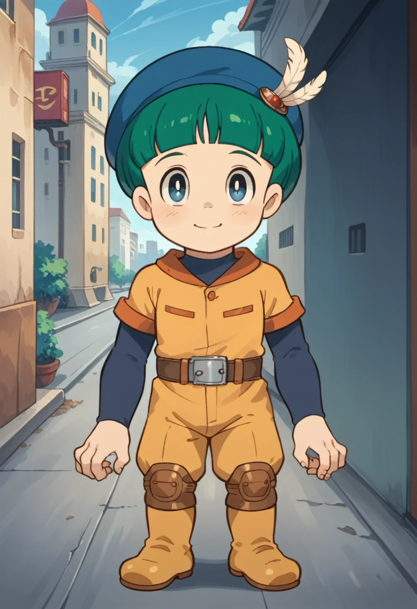 Score_9, score_8_up, score_7_up, rating_safe, Cute young boy, ropple, blue eyes, green hair, cute face, very smail, light smile,  grinning evily，Boy student，short detailed hair，Shota，solo person，Wear a red and blue beret，punky style，Black stroke，solo person，Fluttering feathers，The city of the future，nigth，Contre-Jour,  ((full view body)), claw pose,