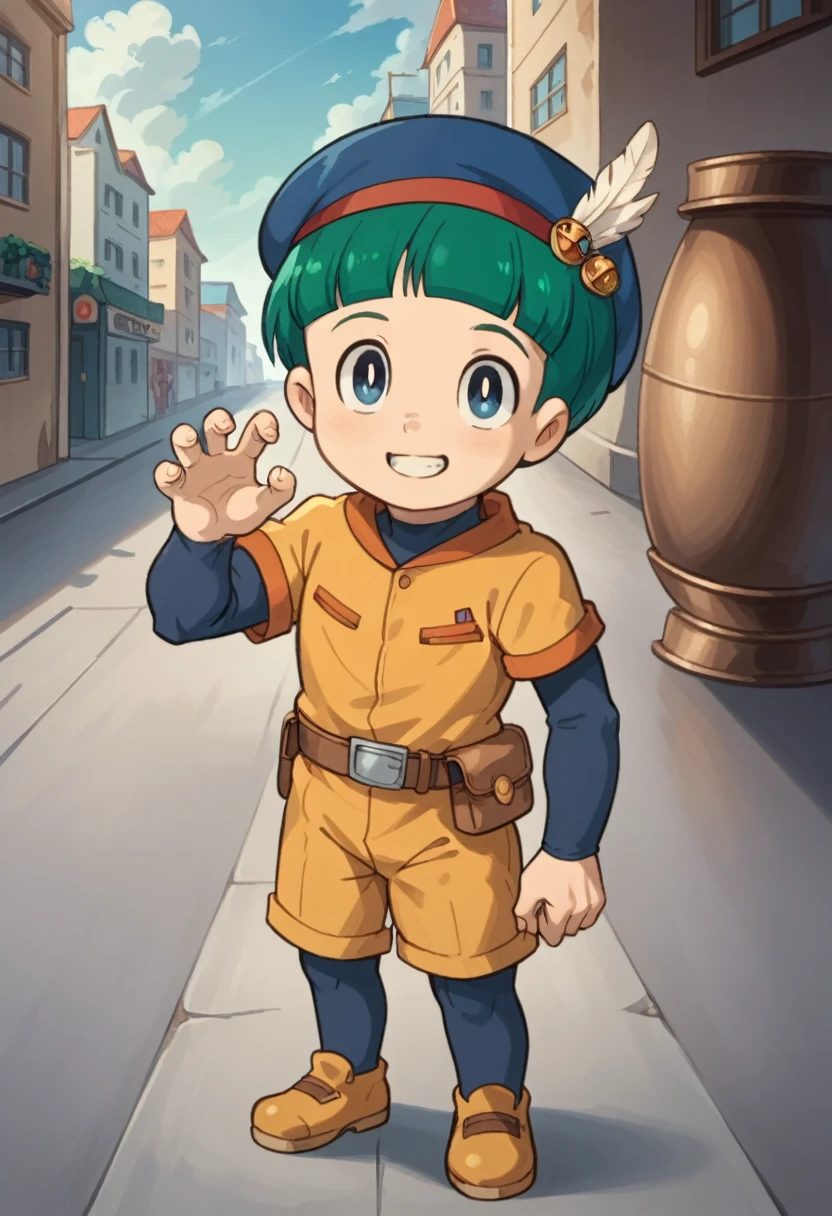 Score_9, score_8_up, score_7_up, rating_safe, Cute young boy, ropple, blue eyes, green hair, cute face, very smail, light smile,  grinning evily，Boy student，short detailed hair，Shota，solo person，Wear a red and blue beret，punky style，Black stroke，solo person，Fluttering feathers，The city of the future，nigth，Contre-Jour,  ((full view body)), claw pose,