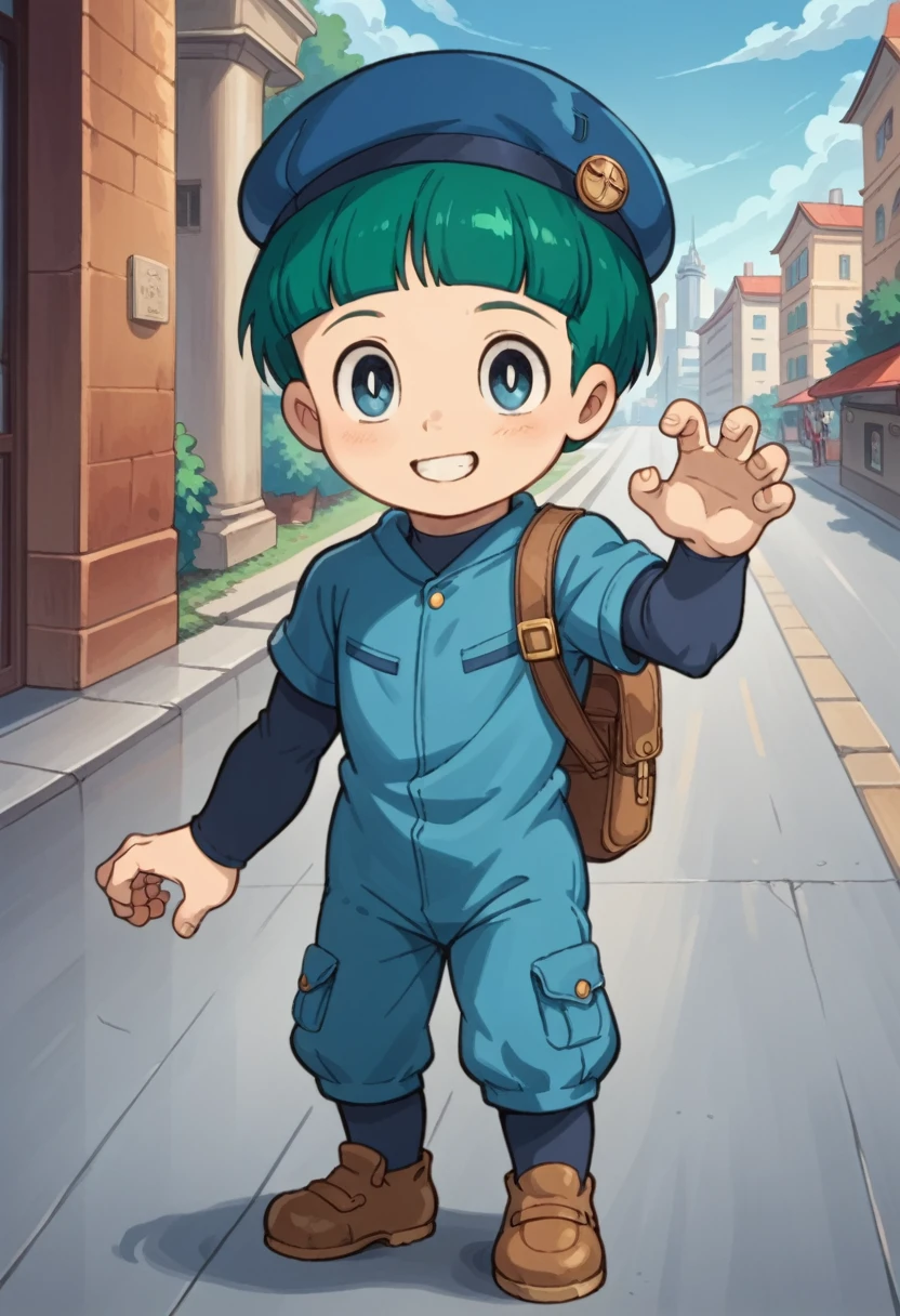 Score_9, score_8_up, score_7_up, rating_safe, Cute young boy, ropple, blue eyes, green hair, cute face, very smail, light smile,  grinning evily，Boy student，short detailed hair，Shota，solo person，Wear a red and blue beret，punky style，Black stroke，solo person，Fluttering feathers，The city of the future，nigth，Contre-Jour,  ((full view body)), claw pose,