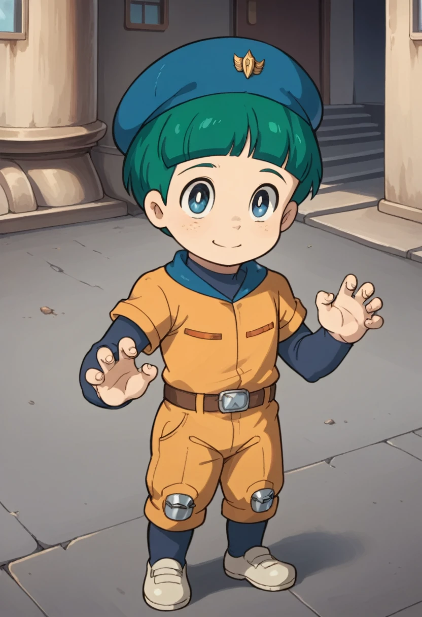 Score_9, score_8_up, score_7_up, rating_safe, Cute young boy, ropple, blue eyes, green hair, cute face, very smail, light smile,  grinning evily，Boy student，short detailed hair，Shota，solo person，Wear a red and blue beret，punky style，Black stroke，solo person，Fluttering feathers，The city of the future，nigth，Contre-Jour,  ((full view body)), claw pose,