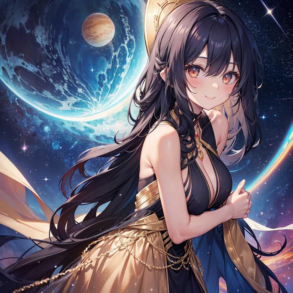 Woman with very long wavy black hair tan skin, massive breast,  wearing a beautiful dark majenta  glitter dress and smiling up. Little, surrounded by outerspace, planets, and galaxies