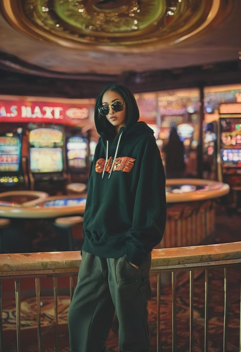 centered, 1girl, 18 yo, black hair, Las Vegas, standing, looking at the viewer, hip hop clothing with hoodie and baggy pants, sunglasses, high-angle photo from above, shot on Afga Vita 400, natural lighting, city photograph, abandoned casino down below, big neon signs, heat, desert
