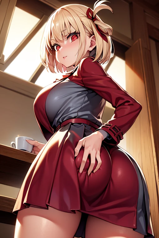 (hands on own ass),(grabbing own ass:1.2),ass stretch, ((ass spread:1.2)), (bottomless:1.2),
(The view is from very close below:1.5), looking back, nsfw, bewitching pose, (((vulgarity))),
embarrassed, fucked silly, oral invitation,
((Highest quality)), ((masterpiece)),(detailed),High resolution,Sharp focus,Perfect Face,{best illustration},(complete anatomy),
(非常にdetailed CG unity 8k wallpaper),(((Vibrant colors))),Official Art,((detailedなボディ)),(detailedな顔)),Perfect Fingers,
cute,erotic,Bold,very shiny 肌,Shiny body,plastic glitter 肌,exaggerated shiny 肌,illuminated skin,
Big Breasts,glamorous,Tight waist,Long legs,curve,Cleavage,Bold,Revealing clothing,show 肌,
(Complex eyes,Beautiful fine details,Symmetrical eyes,Big eyes:1.5,Seductive eyes, Natural skin texture, Realistic facial details),
(Nishikigi Sensoku),short hair,bangs,Blonde,(Red Eye:1.5),ヘアribbon,One Side Up,Bobcut,
(pubic hair),
shirt,Long sleeve,ribbon,白shirt,襟付きshirt,belt,
ネックribbon,Red dress,青いribbon,Pleated dress,Grey Dress,Two-tone dress,赤いbelt,Licorice Uniform,
(indoor),((Inside a café with soft light)),(Lots of antique tables and chairs),
((clock,Foliage plant,stage,Hanging L-shaped light,(Cafe Supplies:1.2),Coffee bean shelf)),((reflected light)),