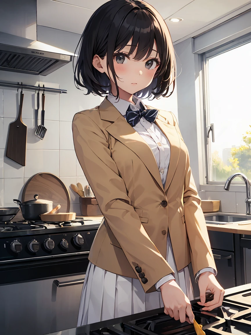 In one girl、fun、High school blazer with popular design、shirt、pleated skirt、white skirt、(small breasts ) en clase,black short hair, black eyes, lazo color rojo, clase de cocina, cocinando, one girl,