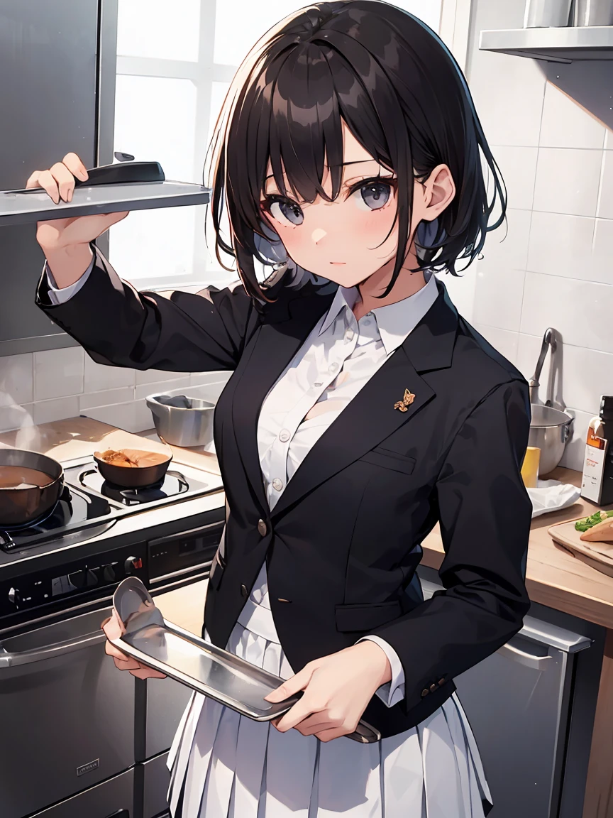 In one girl、fun、High school blazer with popular design、shirt、pleated skirt、white skirt、(small breasts ) en clase,black short hair, black eyes, lazo color rojo, clase de cocina, cocinando, one girl,