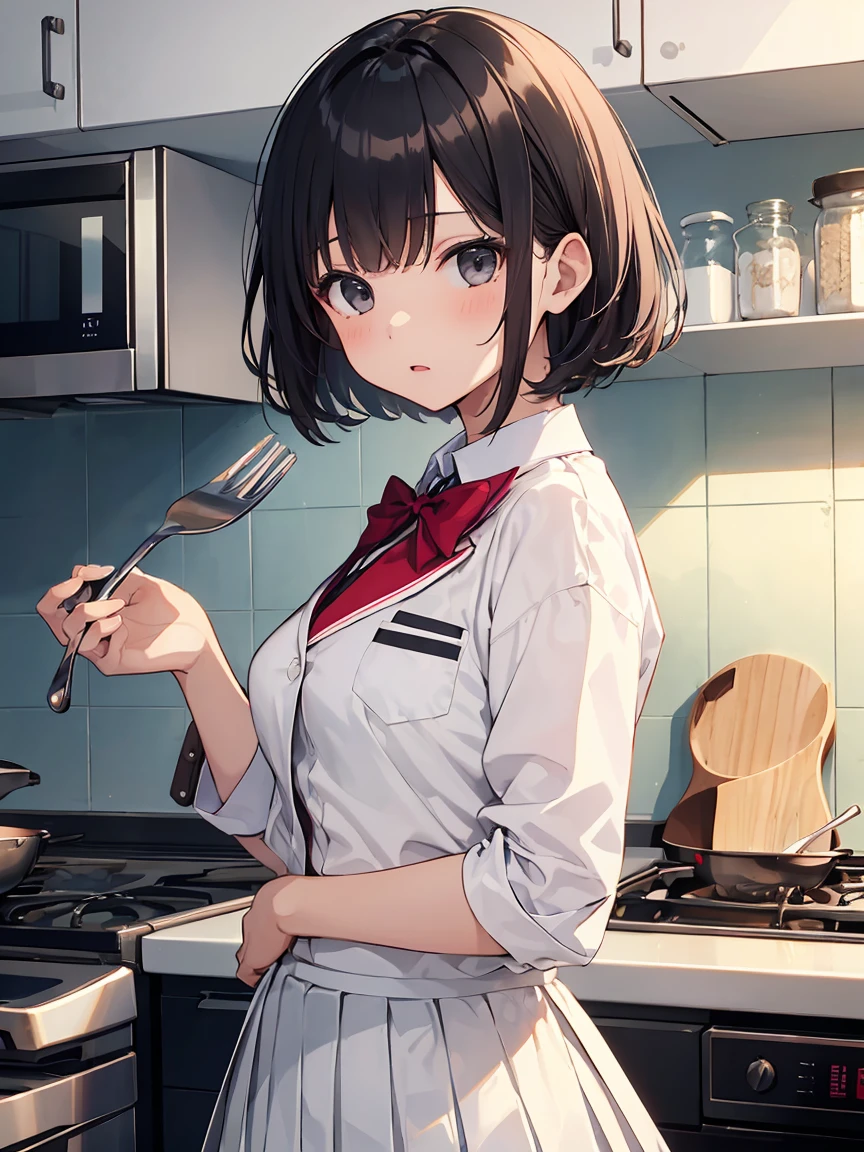 In one girl、fun、High school blazer with popular design、shirt、pleated skirt、white skirt、(small breasts ) en clase,black short hair, black eyes, lazo color rojo, clase de cocina, cocinando, one girl,