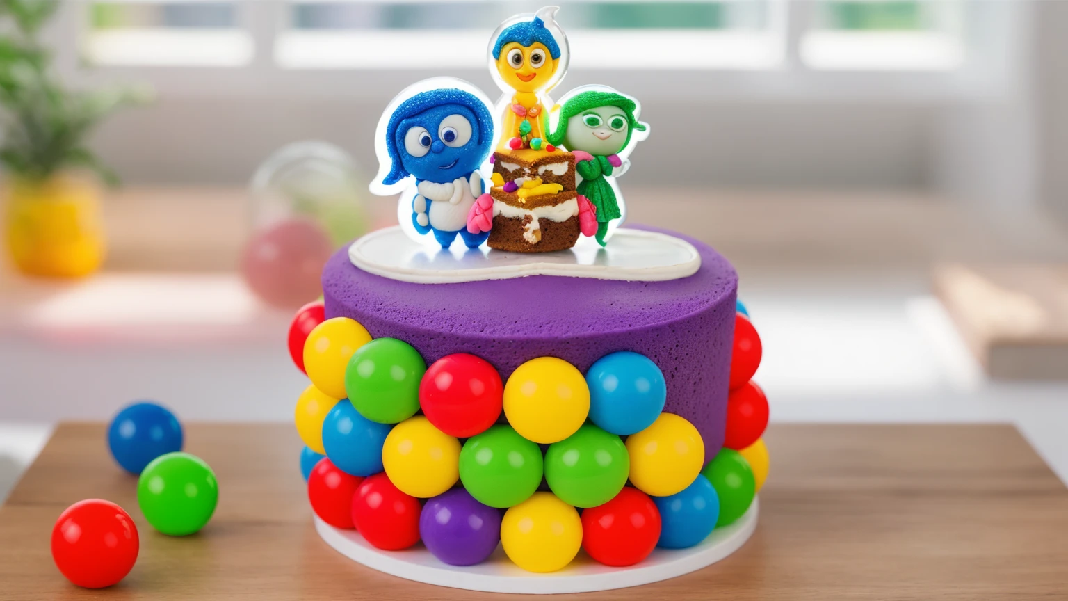 on a wooden table, there is a white plate with cake. PURPLE SPONGE CAKE. RAINBOW SPHERES made of polymer clay. ON THE TABLE ARE THREE MULTI-COLORED SPHERES. window in the background, Contour light, Beautiful light from the window. THE CAKE HAS A STICKER WITH CARTOON CHARACTERS inside out. Realistic style. realistic texture. detailed texture . high quality photo. bright lighting. beautiful light. high quality. A high resolution. macro photography. ultra hd 8k