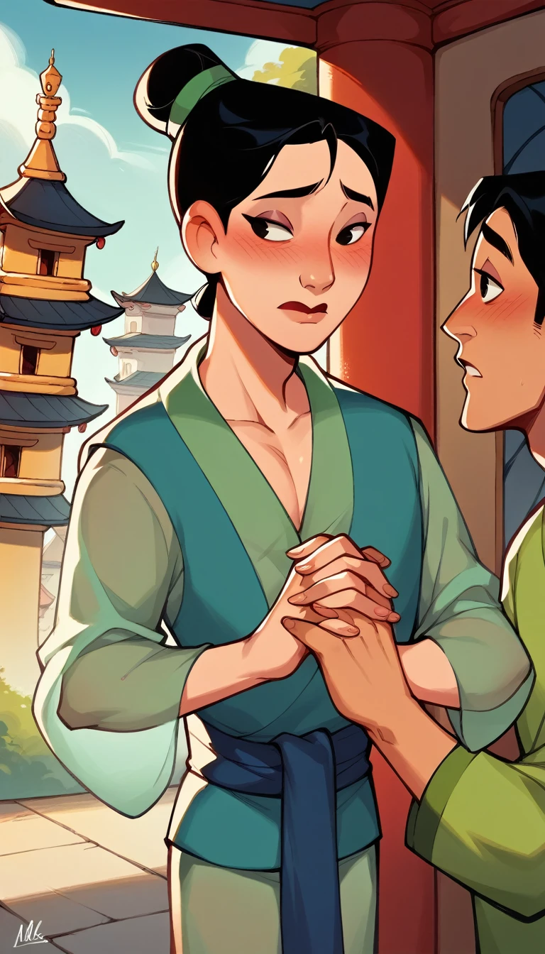 score_9, score_8_climb, score_7_climb, score_6_climb, MulanXLP, Single hair bun,blushing, Mesh series ,see through ,Hands holding the genitals. ,sexually suggestive, Chinese Palace,disney, Dutch corner, 1 boy,