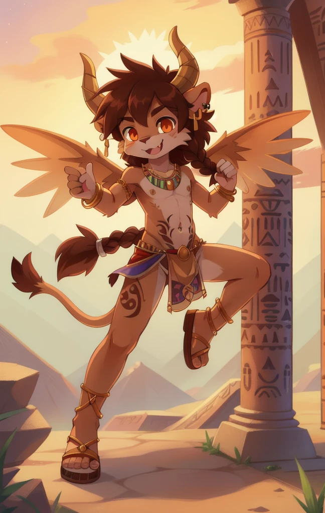 1boy, male focus, brown hair, solo, tail, wings, jewelry, furry, horns, braid, animal ears, loincloth, looking at viewer, earrings, lion ears, full body, long hair, lion boy, sandals, furry male, navel, smile, pelvic curtain, lion tail, fang, orange eyes, tattoo, body fur, brown fur, stomach, piercing, bracelet, necklace, standing, leg up, collarbone, closed mouth, ear piercing, egypt, clear sky,