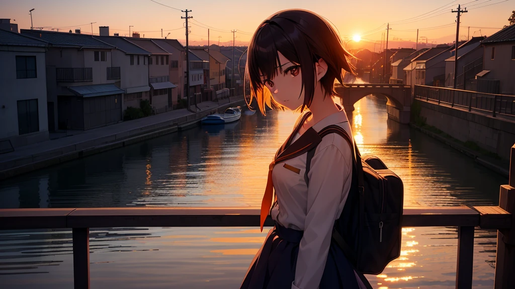 Anime girl watching the sunset on a bridge, The girl has kind eyes,Bridge over the canal, Girl in uniform, silhouette, Orange sunset sky, Makoto Shinkai style, Makoto Shinkai style, 2D