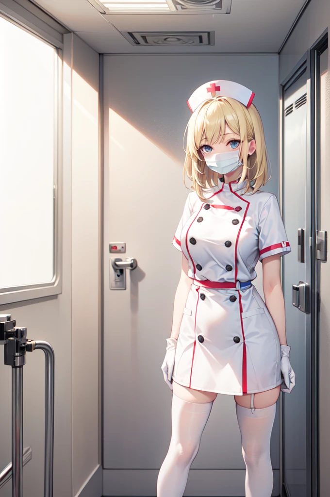 1woman, solo, nurse, white nurse cap, white nurse uniform, ((white legwear, zettai ryouiki)), white gloves, blonde hair, blue eyes, ((white surgical mask, covered nose)), standing, ((hospital room)), sharp outline, short sleeves, mature female, 35 years old, best quality, masterpiece