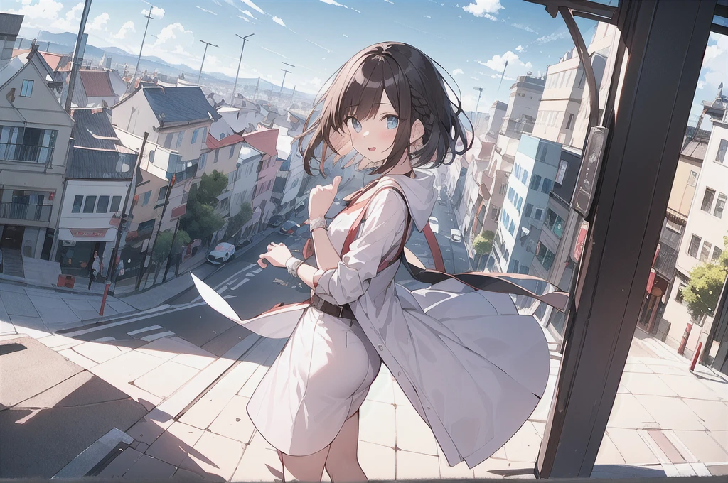 masutepiece, Best Quality,Illustration, Wallpaper, Ultra Detail, absurderes, 1girl in, Solo, (Medium short hair、short braided hair), Beautiful ultra-detailed eyes , (Street:1.3), Sunny bright sky、Hair that flutters in the wind,(a panoramic view:1.5),(Sense of depth:1.3),(longshot:1.3)