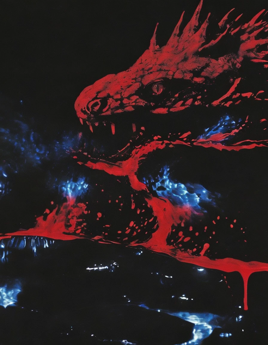 film photography, vintage, close up photo of red blood in black water, blue dark forest night background