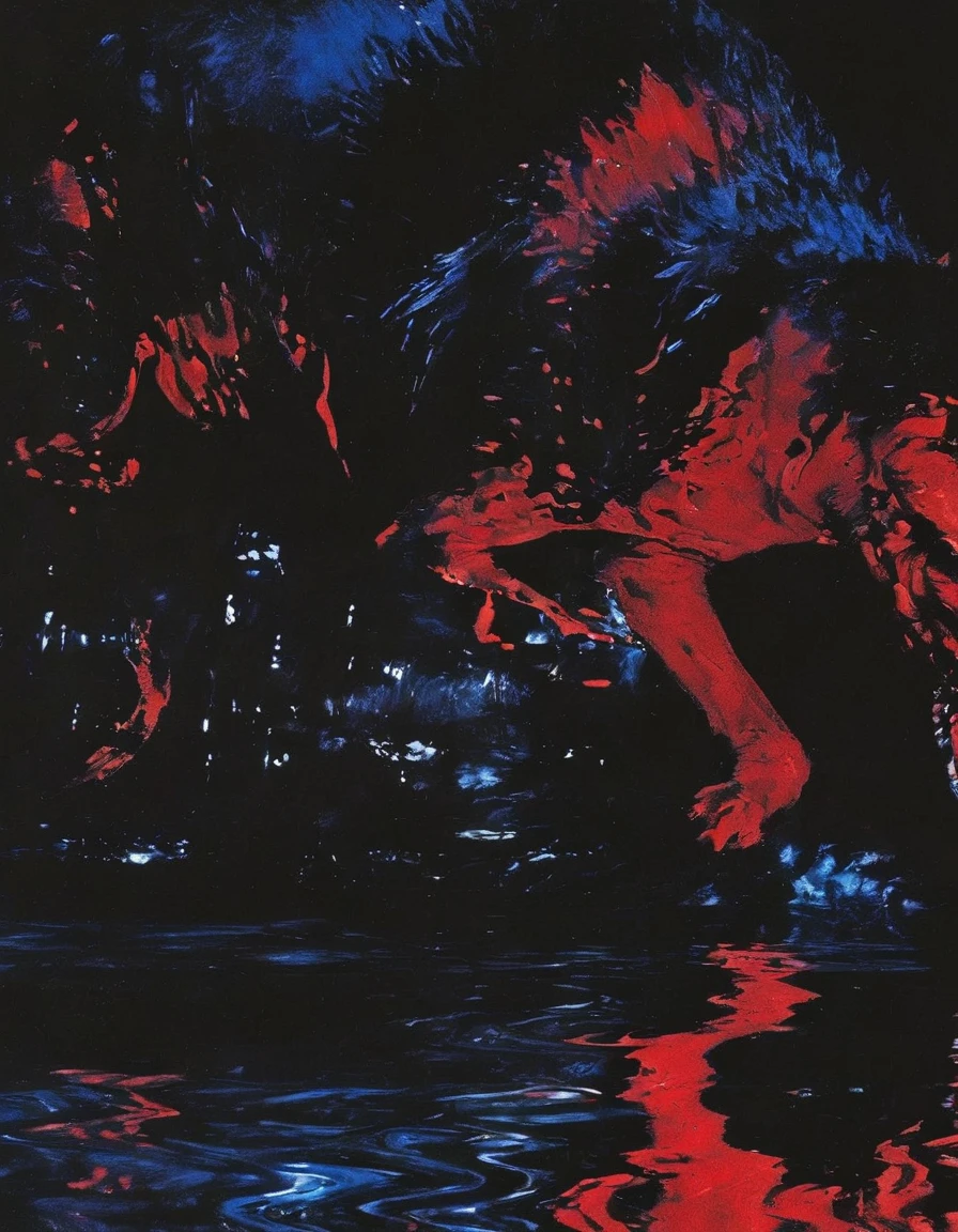 film photography, vintage, close up photo of red blood in black water, blue dark forest night background