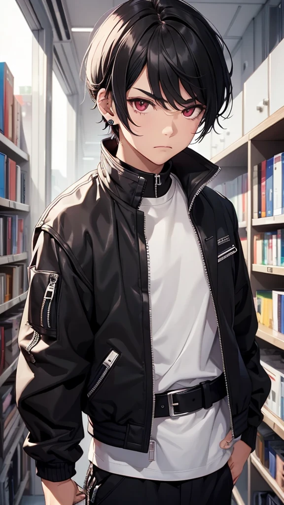 1boy, arm belt, bangs, belt, black hair, black jacket, bookshelf, buckle, closed mouth, ear piercing, earrings, hair between eyes, indoors, jacket, jewelry, long sleeves, looking at viewer, male focus, open clothes, open jacket, piercing, red eyes, shirt, short hair, solo, upper body, v-shaped eyebrows, white shirt, zipper, zipper pull tab