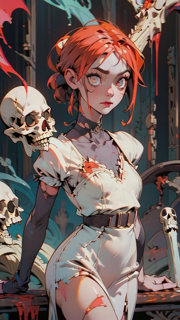 cadaver, an  ominous, woman, thin, pale, Looking into the camera, Ultra-realistic, Fully detailed, Cemetery environment, Bright Eyes, Torn and blood-stained white dress, The bone is exposed, Rotten wound, Sensual, That&#39;s horrible, I was injured, exposed fracture of the clavicle, smile, Very detailed
