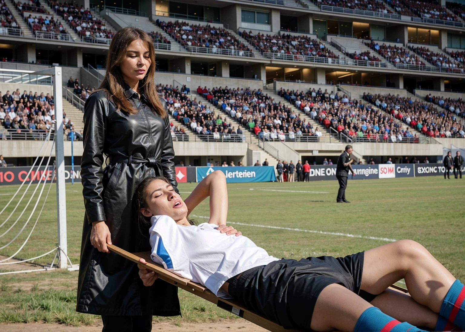 melania trump in wet blue raincoat, sthere is a sportsman in white shorts and a white t-shirt lying injured on a stretcher, there is an injured sportsman who is covering his face on a stretcher, an injured sportsman is covering his face with his hands, an injured sportsman is writhing in ecstasy on a stretcher, dramatic pity pose, there is a latino woman in a high-shine puffy coat, a high-shine black down coat, a long black moncler coat, a wetlook down coat, a wet black laquered coat, a latino wife is wearing a wetlook black uniform, injured, medic, melania trump, very professional, soccer action pose, affection pose, lecherous action pose, dramatic action pose, theatralic pose, there is an attractive woman that is carrying a skinny man, there is a beautiful woman in a shiny coat who is carrying a blond man in her arms, a longhaired beautiful woman in a high-shine black puffy coat, a longhaired woman in a shiny downcoat, a woman is carrying a shorthaired man who is wearing shorts and a t-shirt, a weak man in spots shorts is consciousless and needs to be carried, a shorthaired man with closed eyes is carried in the arms of a longhaired woman, a woman looks very scared and terrified, a consciousless man with closed eyes is suffering very much and has a very painful face, photo, photo shoot, photographed , accident, help, aid, first aid, pity