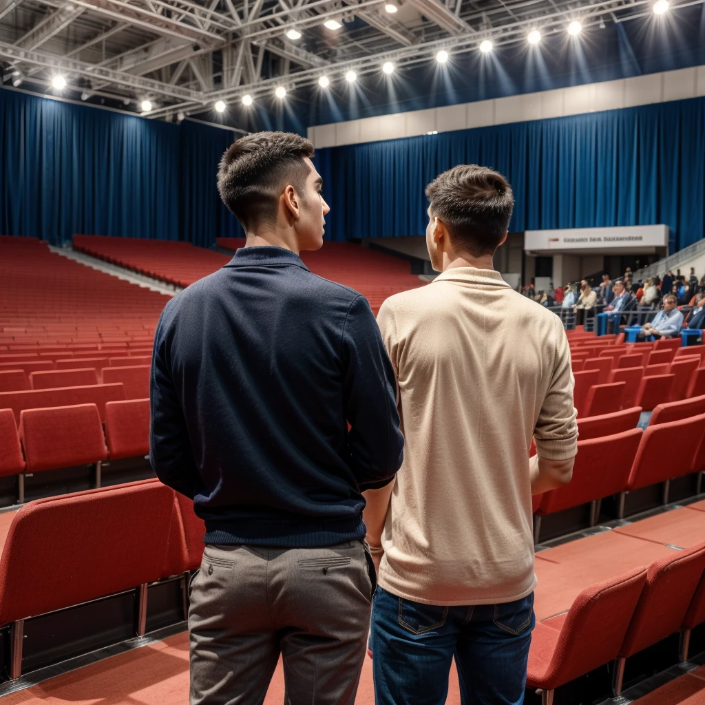 Back photo, There is only one young man in the photo with his back to the camera，He is dressed in casual clothes，at the International Exhibition Conference Hall, speak confidently，He was speaking to many audiences in the audience