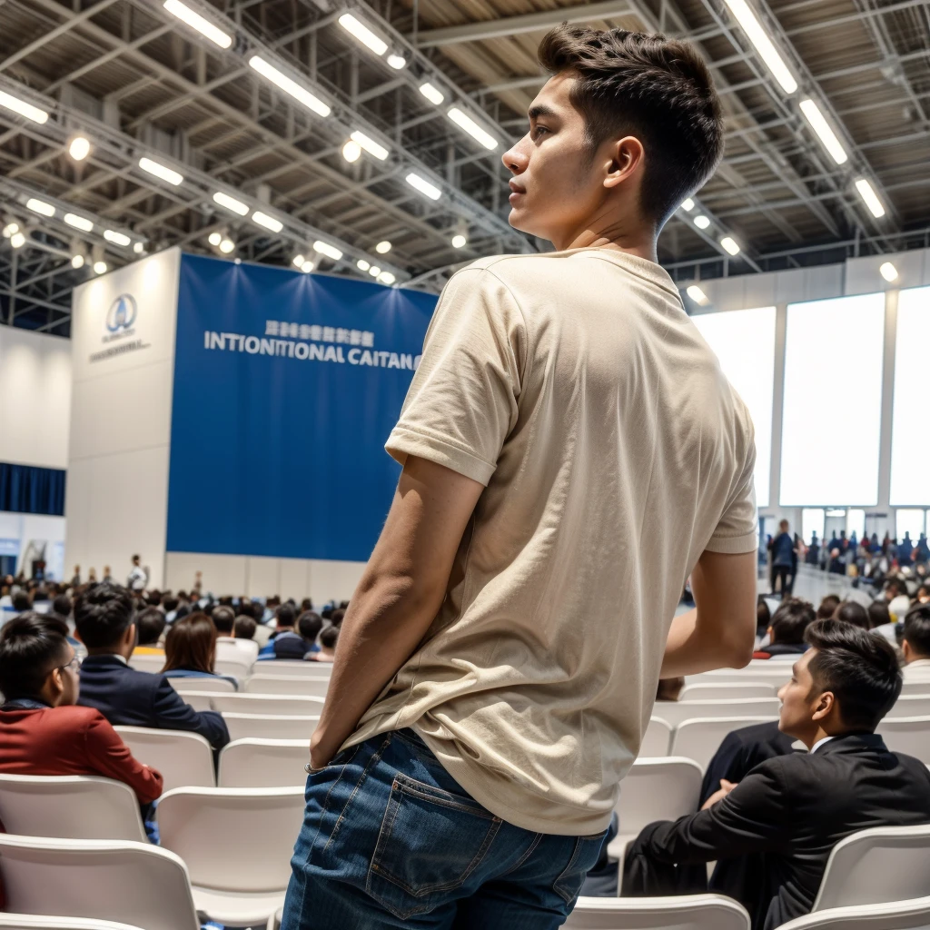 Back photo, There is only one young man in the photo with his back to the camera,He is dressed in casual clothes,at the International Exhibition Conference Hall, speak confidently,He was speaking to many audiences in the audience