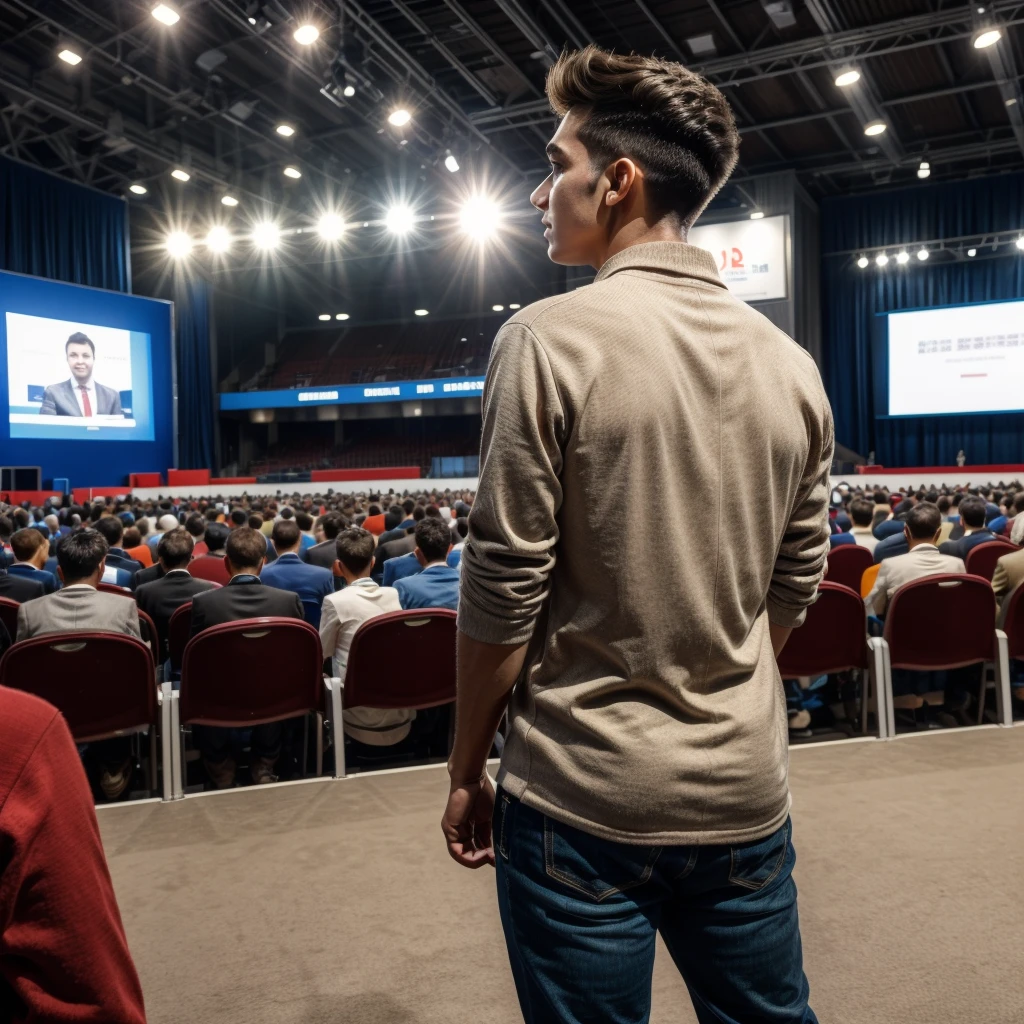 Back photo, There is only one young man in the photo with his back to the camera，He is dressed in casual clothes，at the International Exhibition Conference Hall, speak confidently，He was speaking to many audiences in the audience