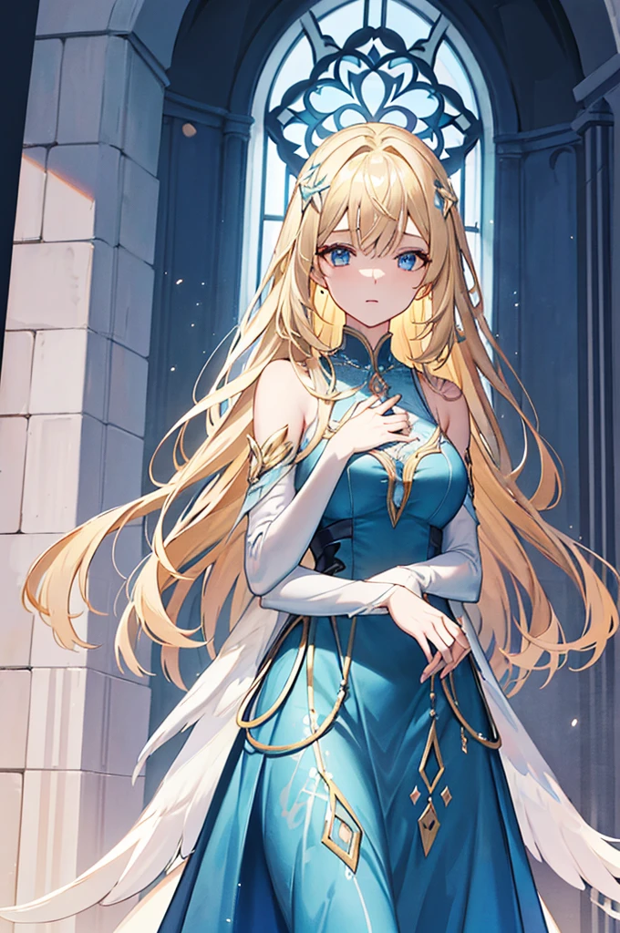 Gabriel is a beautiful woman with shoulder-length blonde hair, measuring 166 cm. She wears a duck blue dress, elegant and celestial, which highlights her divine nature and her status as an archangel. His eyes shine with a calming glow and his presence inspires both respect and comfort.