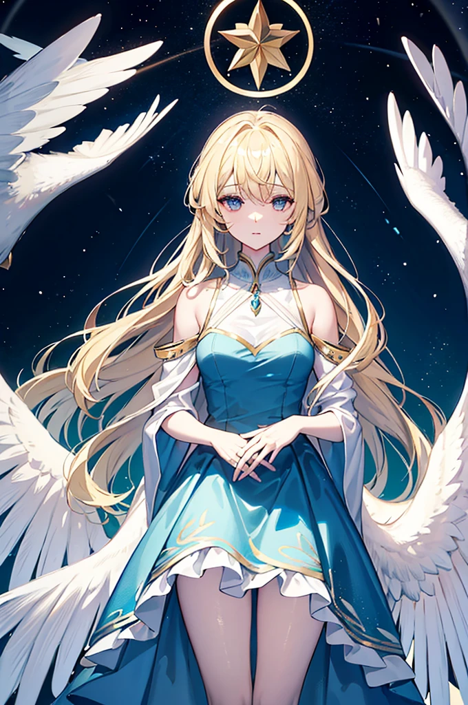 Gabriel is a beautiful woman with shoulder-length blonde hair, measuring 166 cm. She wears a duck blue dress, elegant and celestial, which highlights her divine nature and her status as an archangel. His eyes shine with a calming glow and his presence inspires both respect and comfort.