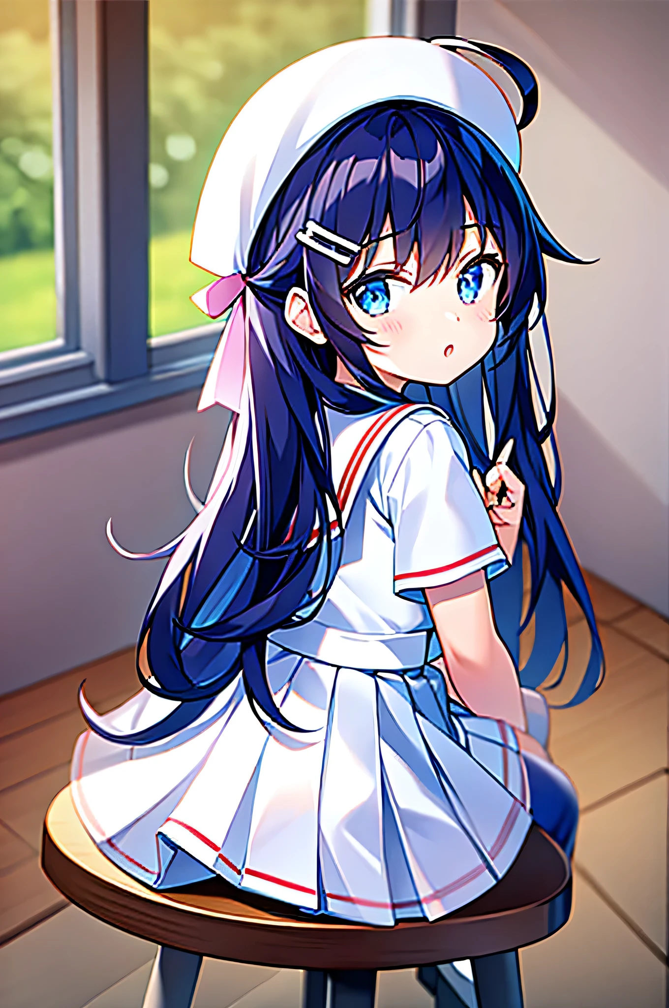 (((masterpiece))) (((Highest quality))), (((beautiful))), (((8K))), (((High resolution))), (((Great illustrations))), (1 Girl:1.3), (child:1.5), (In addition:1.2), (Dark blue straight long hair:1.3), (very long, Dark blue sideburns), (Very wide parted dark blue bangs:1.3), (Simple hair clip:1.4), (Ahoge:1.4), (Little blue eyes:1.2), (Slightly droopy eyes:1.3), (Ultra-flat chest:1.4), (Very small breasts:1.4), (Laughter:1.3), (Cowboy Shot:1.3), (look back:1.4), (White Sailor Suit:1.4), (Short sleeve:1.2), (White pleated skirt:1.4), (In the school classroom:1.2), (White Hat:1.2), (Japanese school desks and chairs:1.4), (Blue Ribbon:1.3).