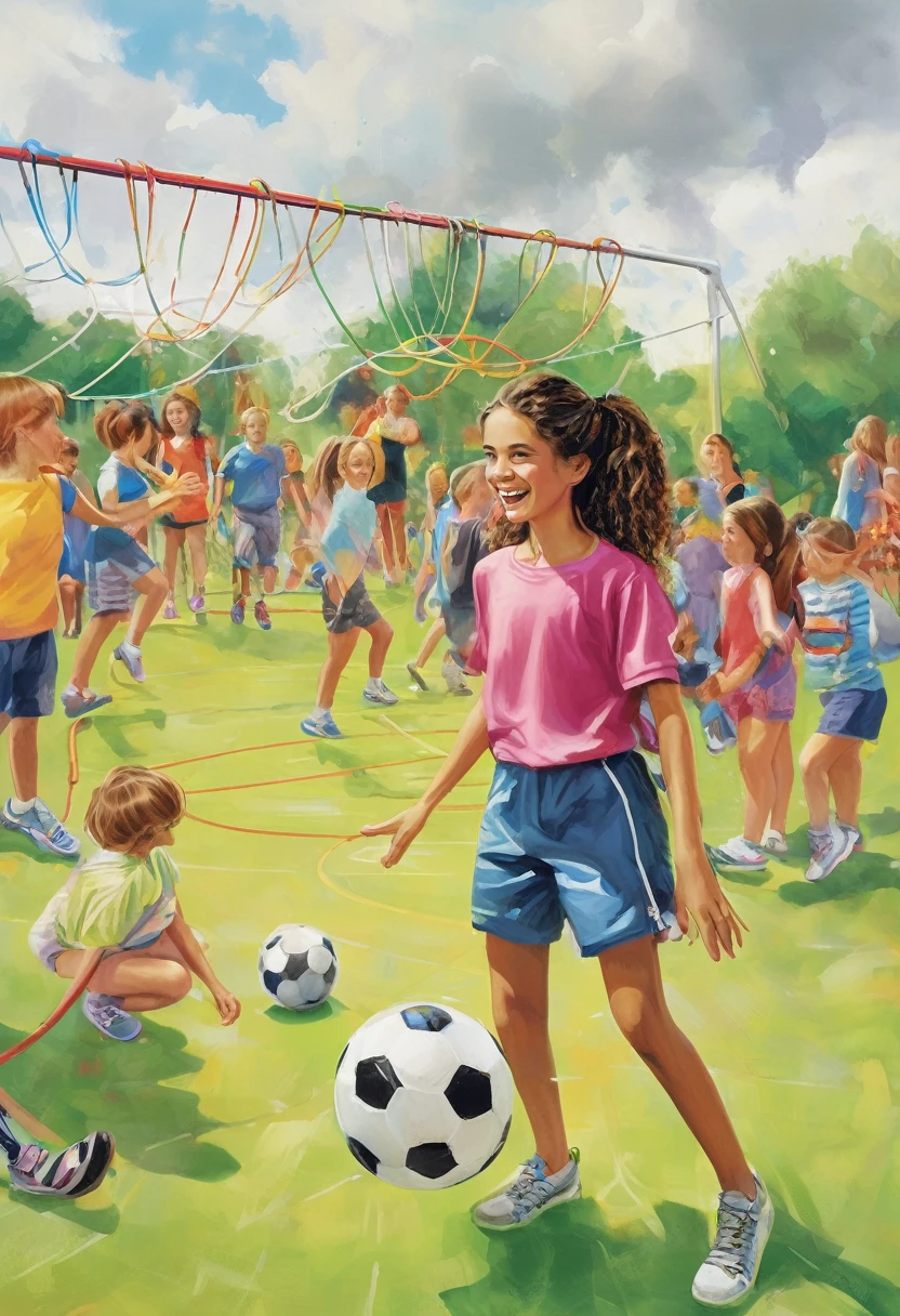 Italy. A realistic image of a 13-year-old girl at a summer recreational center at a sports facility, surrounded by many children. She is wearing shorts and a t-shirt. The sky is very cloudy, indicating an overcast day. The girl is at the center of the image, engaging with the children around her. The background shows various sports equipment and activities typical of a summer camp, such as a soccer ball, jump ropes, and hula hoops. The setting includes a mix of grassy areas and playground structures. The overall atmosphere is lively and cheerful despite the cloudy weather