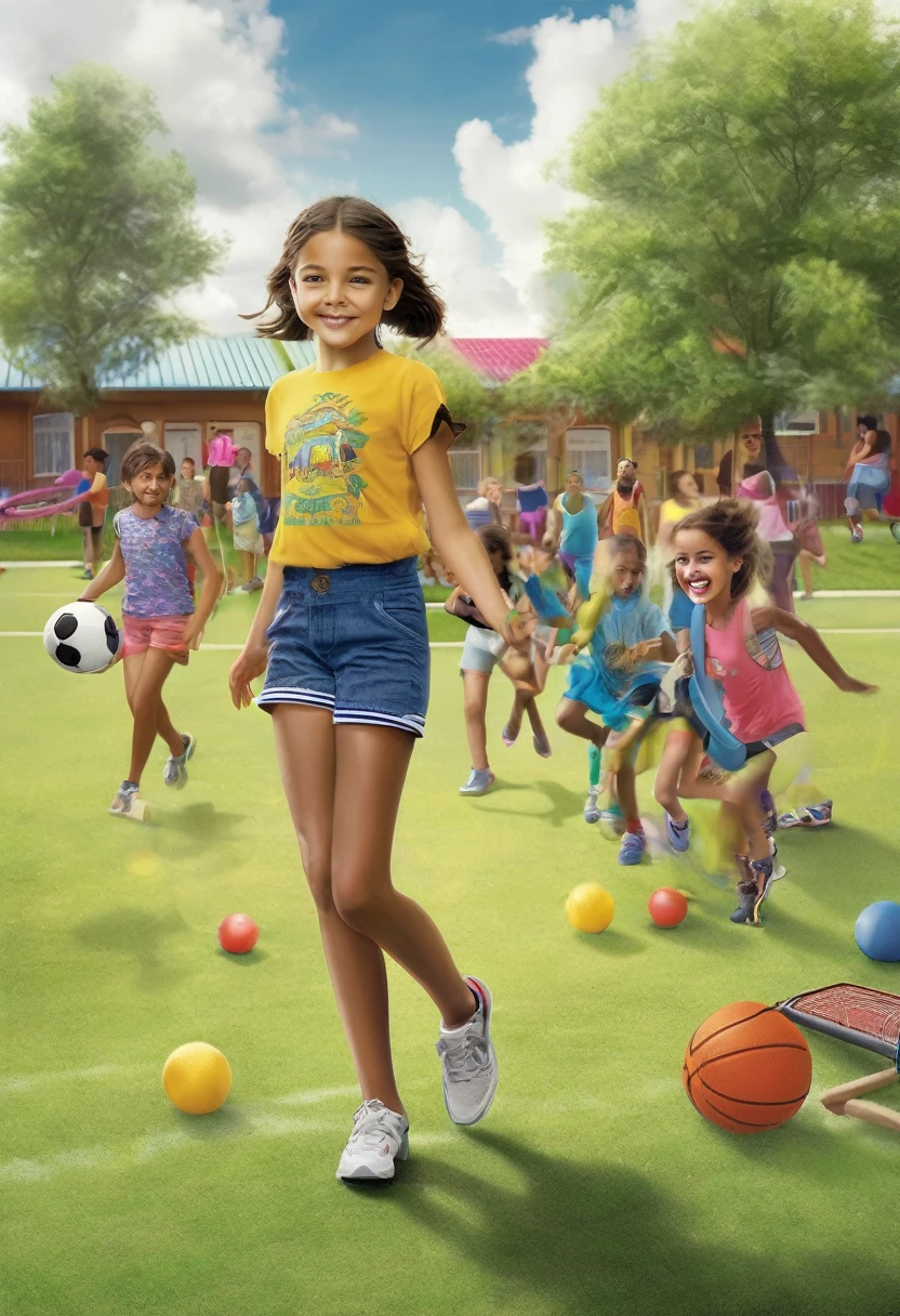 Italy. A realistic image of a **************** at a summer recreational center at a sports facility, surrounded by many children. She is wearing shorts and a t-shirt. The sky is very cloudy, indicating an overcast day. The girl is at the center of the image, engaging with the children around her. The background shows various sports equipment and activities typical of a summer camp, such as a soccer ball, jump ropes, and hula hoops. The setting includes a mix of grassy areas and playground structures. The overall atmosphere is lively and cheerful despite the cloudy weather