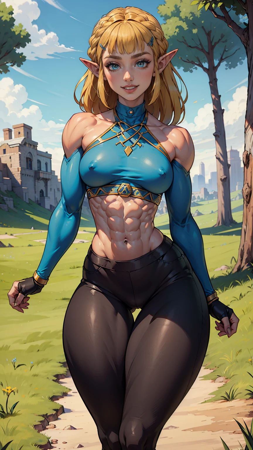 (Muscular:1.6), (thick thighs:1.7),
princess_zelda_aiwaifu, pointy ears, braid, hair ornament, hairclip, fingerless gloves, blue shirt, (halter top), crown braid, long sleeves, (blunt bangs:1.5), green eyes, sidelocks, thick eyebrows, (black pants, tight pants:1.3), (big smile:1.3), (long blonde hair:1.2),
(small breasts:2),
eyeshadow, lipstick, (midriff, abs),
looking at viewer, (three quarter view), upper body view,
rim lighting, detailed skin, detailed eyes, grassy field