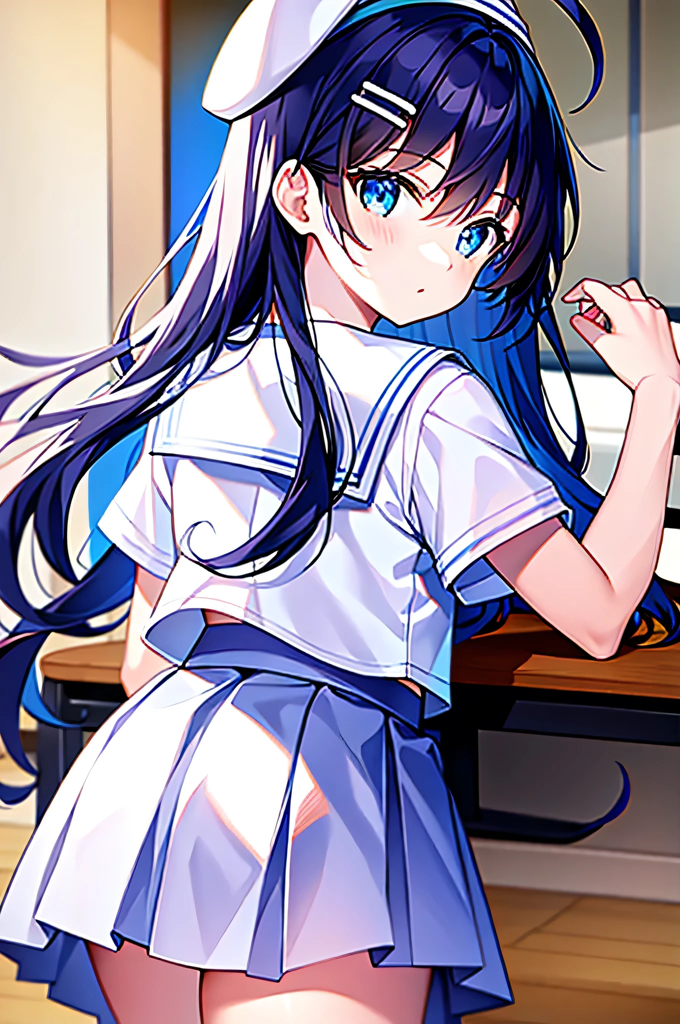 (((masterpiece))) (((Highest quality))), (((beautiful))), (((8K))), (((High resolution))), (((Great illustrations))), (1 Girl:1.3), (child:1.5), (In addition:1.2), (Dark blue straight long hair:1.3), (very long, Dark blue sideburns), (Very wide parted dark blue bangs:1.3), (Simple hair clip:1.4), (Ahoge:1.4), (Little blue eyes:1.2), (Slightly droopy eyes:1.3), (Ultra-flat chest:1.4), (Very small breasts:1.4), (Laughter:1.3), (Cowboy Shot:1.3), (look back:1.4), (White Sailor Suit:1.4), (Short sleeve:1.2), (White pleated skirt:1.4), (In the school classroom:1.2), (White Hat:1.2), (Japanese school desks and chairs:1.4), (Blue Ribbon:1.3).