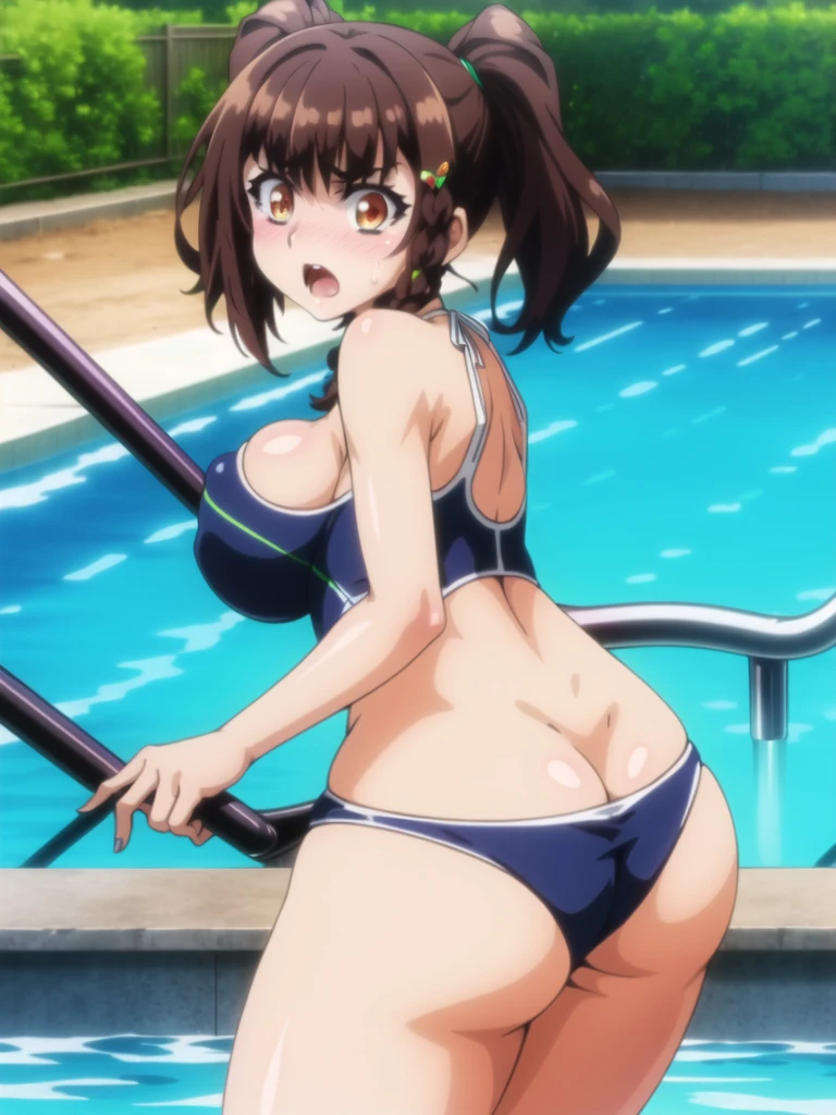 masterpiece, Highest quality, Raphael, Twin tails, Pool, Embarrassing, (Feeling embarrassed), cowboy shot, School Swimsuit, Swimsuit, The buttocks are digging in, looking at me, (large breasts), Emphasize the breasts, Are standing, open mouth,