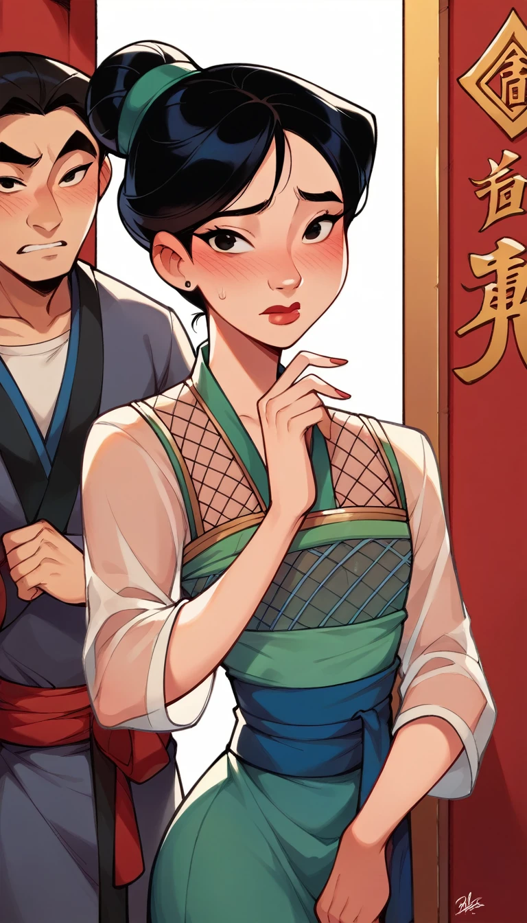 score_9, score_8_climb, score_7_climb, score_6_climb, MulanXLP, Single hair bun,blushing, Mesh series ,see through ,,sexually suggestive, Chinese Palace,disney, Dutch corner, 1 boy,