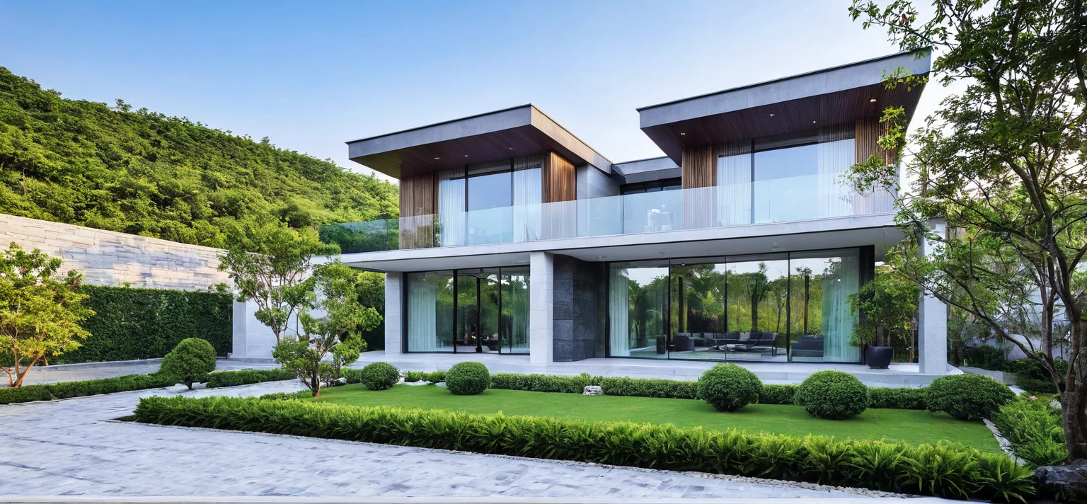 qlcd,tingyuan, photo of modern villa, grassland, garden, shrubs and trees, rock decoration, clear sky, sun light, realistic photo