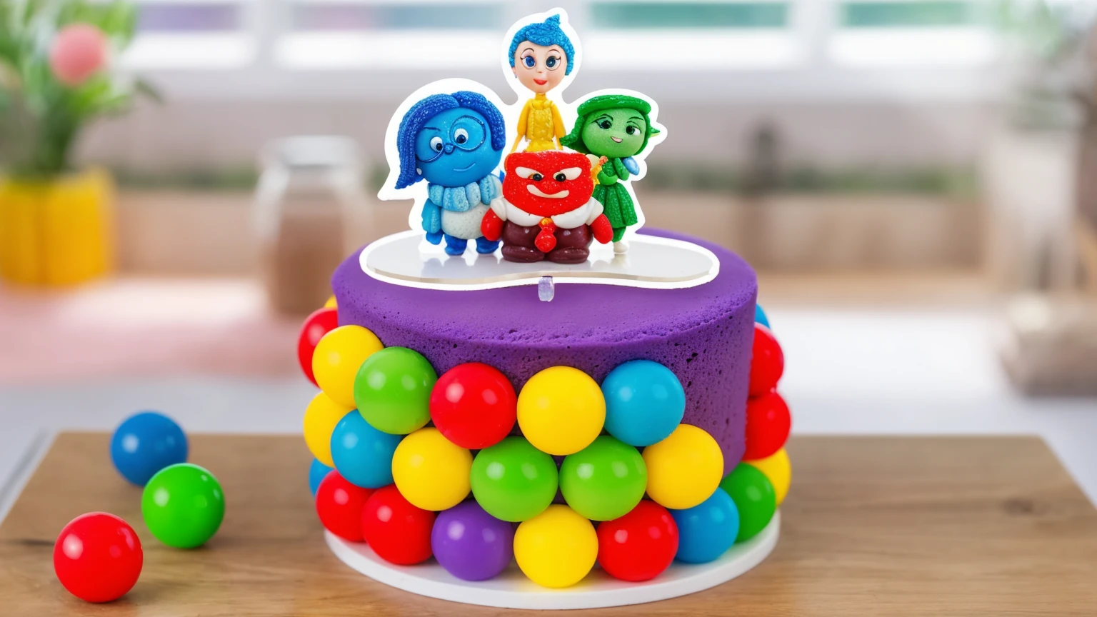 on a wooden table, there is a white plate with cake. PURPLE SPONGE CAKE. RAINBOW SPHERES made of polymer clay. ON THE TABLE ARE THREE MULTI-COLORED SPHERES. window in the background, Contour light, Beautiful light from the window. THE CAKE HAS A STICKER WITH CARTOON CHARACTERS inside out. Realistic style. realistic texture. detailed texture . high quality photo. bright lighting. beautiful light. high quality. A high resolution. macro photography. ultra hd 8k