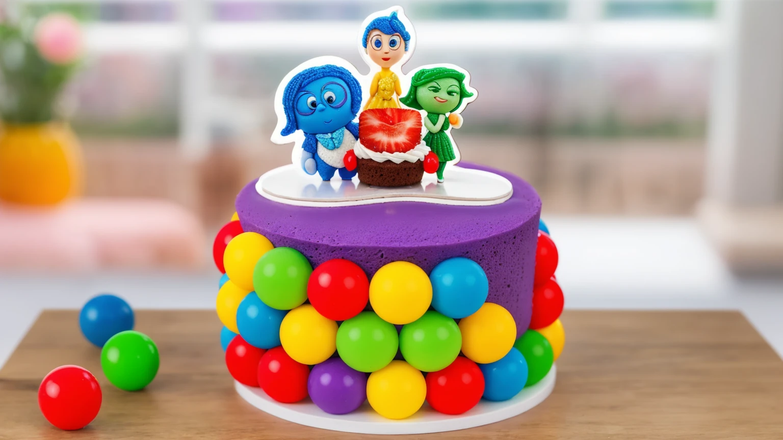on a wooden table, there is a white plate with cake. PURPLE SPONGE CAKE. RAINBOW SPHERES made of polymer clay. ON THE TABLE ARE THREE MULTI-COLORED SPHERES. window in the background, Contour light, Beautiful light from the window. THE CAKE HAS A STICKER WITH CARTOON CHARACTERS inside out. Realistic style. realistic texture. detailed texture . high quality photo. bright lighting. beautiful light. high quality. A high resolution. macro photography. ultra hd 8k