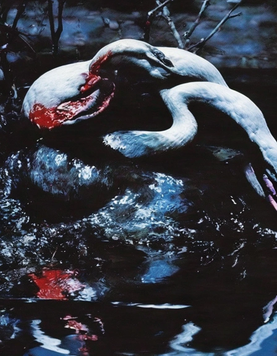 film photography, vintage, close up photo of white swan covered in blood in black water, blue dark forest night background