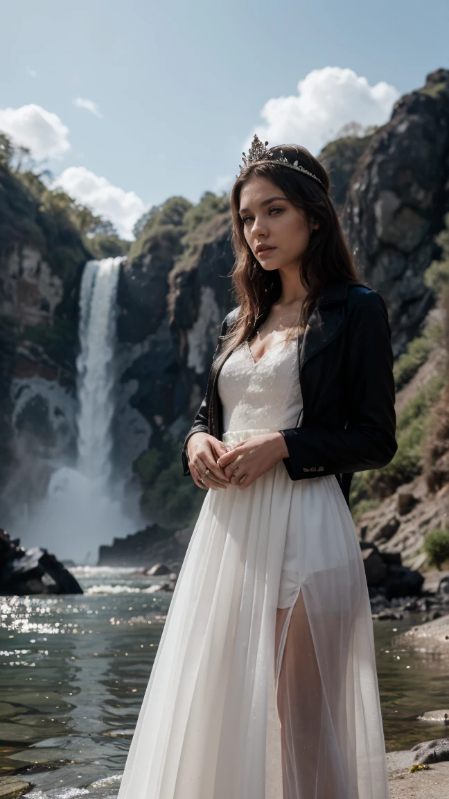 beautiful girl in a white dress with a sword pointed at the sky, against a background of nature, fog, unusually beautiful sky, high detail and quality