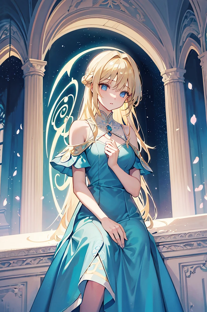 Gabriel is a beautiful woman with shoulder-length blonde hair, measuring 166 cm. She wears a duck blue dress, elegant and celestial, which highlights her divine nature and her status as an archangel. His eyes shine with a calming glow and his presence inspires both respect and comfort.