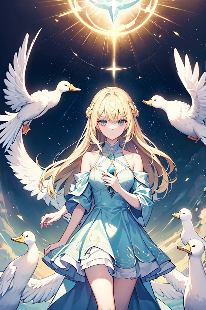 Gabriel is a beautiful woman with shoulder-length blonde hair, measuring 166 cm. She wears a duck blue dress, elegant and celestial, which highlights her divine nature and her status as an archangel. His eyes shine with a calming glow and his presence inspires both respect and comfort.