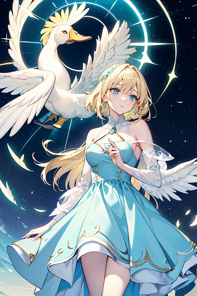 Gabriel is a beautiful woman with shoulder-length blonde hair, measuring 166 cm. She wears a duck blue dress, elegant and celestial, which highlights her divine nature and her status as an archangel. His eyes shine with a calming glow and his presence inspires both respect and comfort.